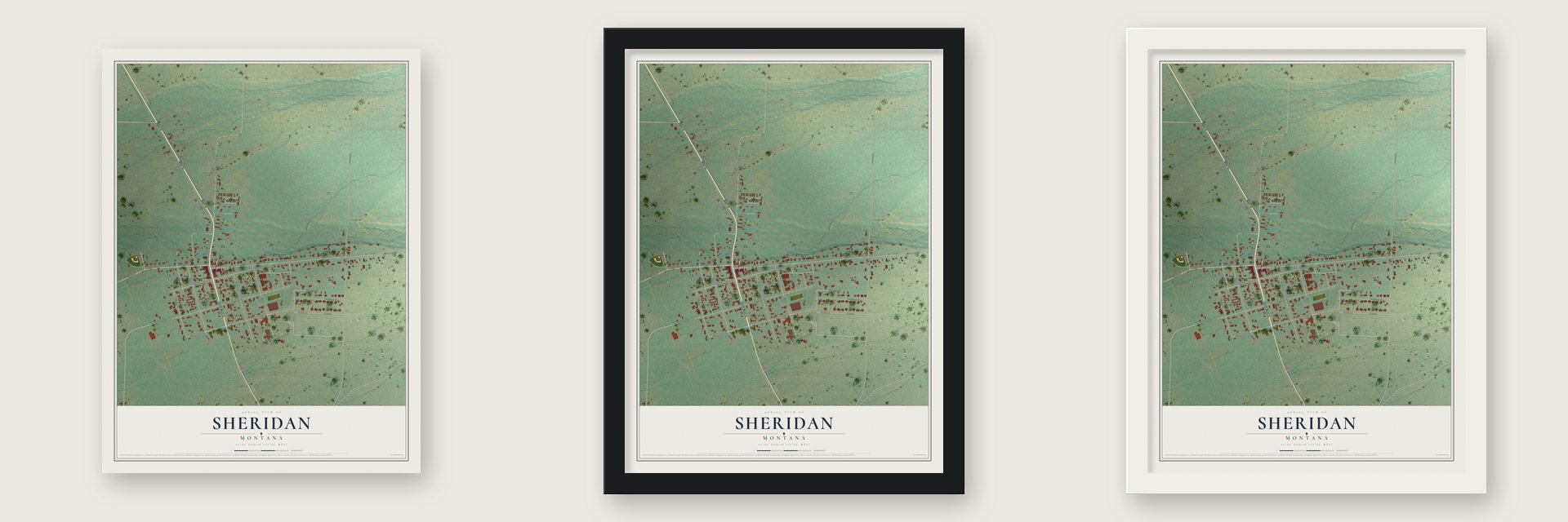 Sheridan, Montana map unframed, in a black wood frame and in a white wood frame