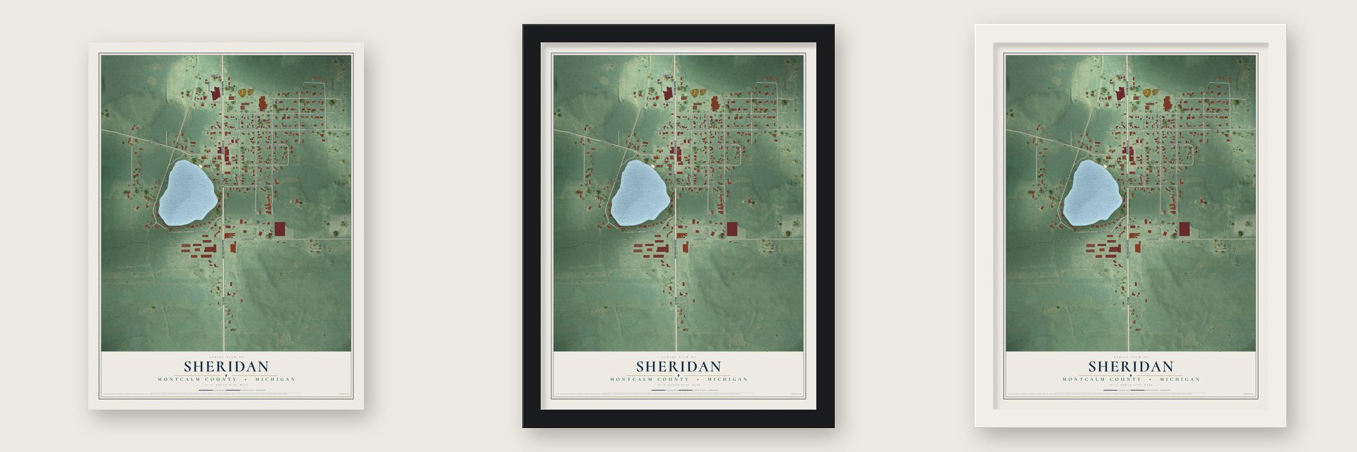 Sheridan, Montcalm County, Michigan map unframed, in a black wood frame and in a white wood frame