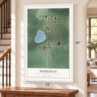 Sheridan, Montcalm County, Michigan map, 24 x 36 inch print in a white frame by a staircase