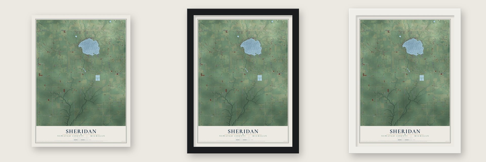 Sheridan, Newaygo County, Michigan map unframed, in a black wood frame and in a white wood frame