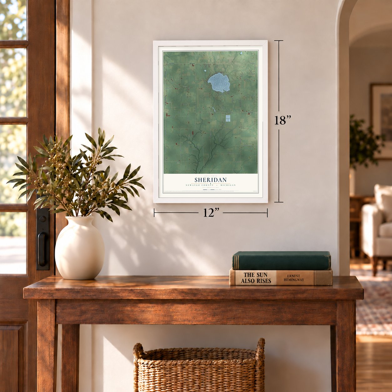 Sheridan, Newaygo County, Michigan map, 12 x 18 inch print in a white frame in an entryway