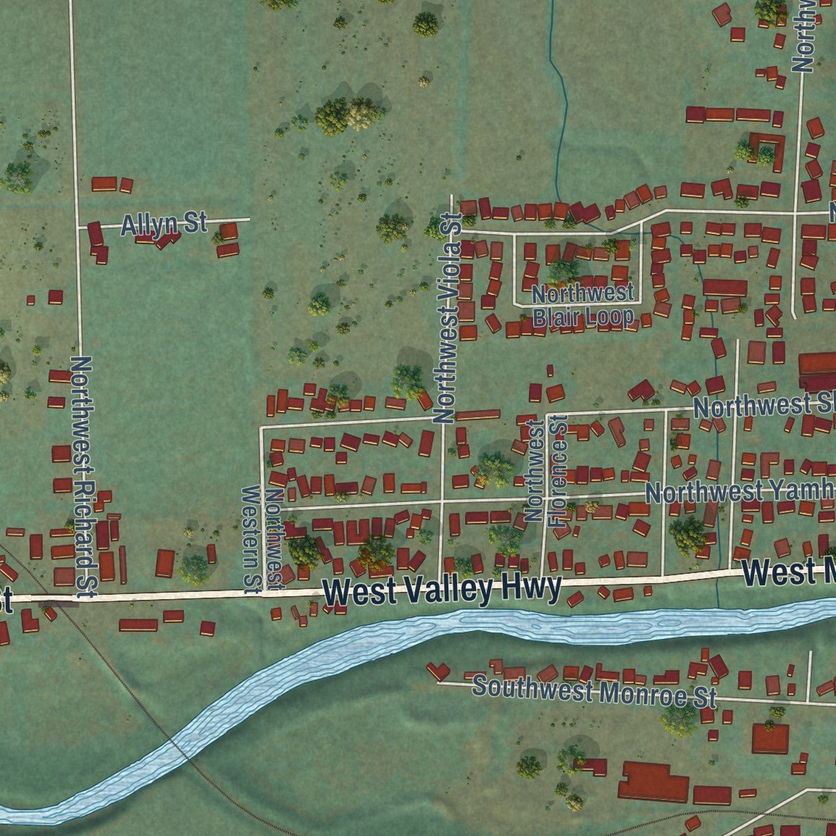 Second close-up of the map of Sheridan, Oregon print showing more streets and buildings
