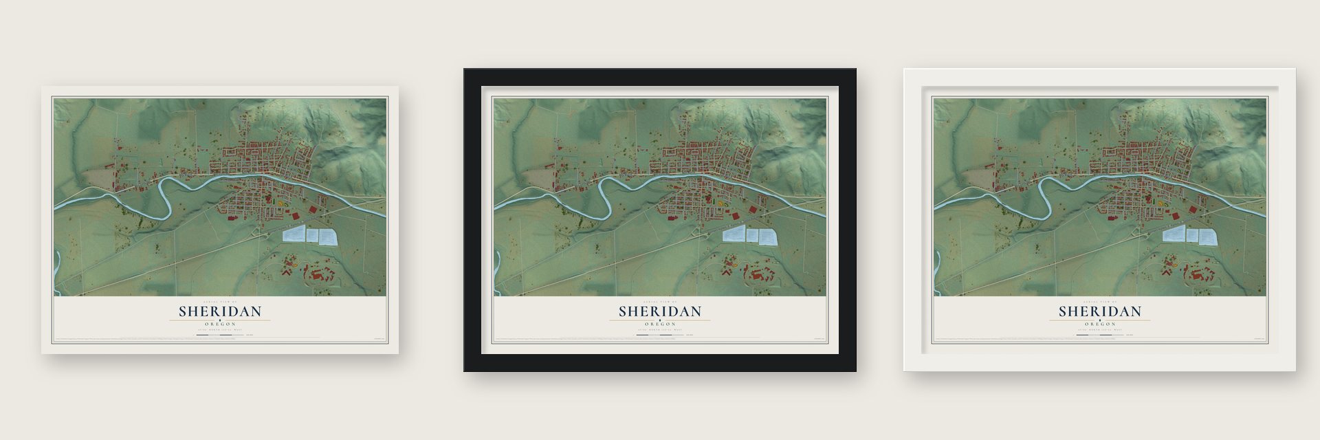 Sheridan, Oregon map unframed, in a black wood frame and in a white wood frame