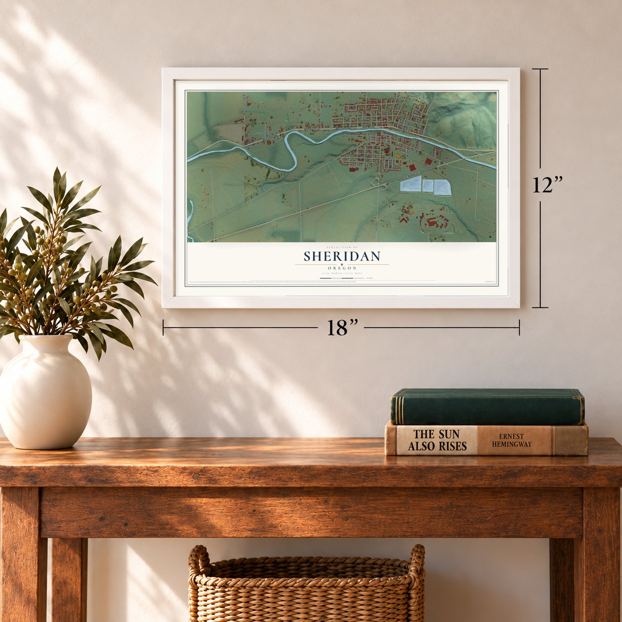 Sheridan, Oregon map, 12 x 18 inch print in a white frame in an entryway