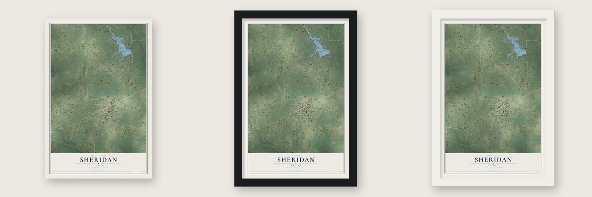 Sheridan, Texas map unframed, in a black wood frame and in a white wood frame