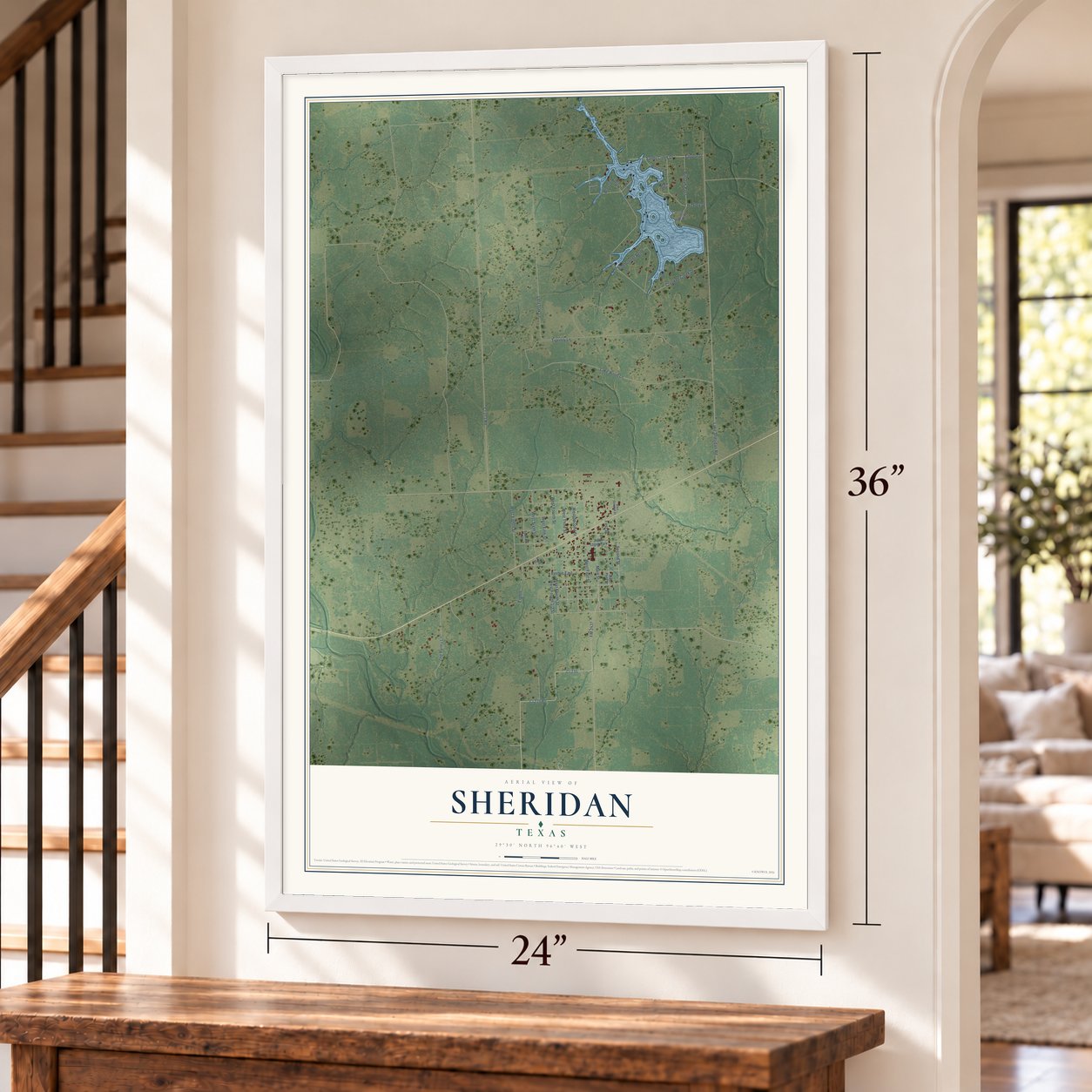 Sheridan, Texas map, 24 x 36 inch print in a white frame by a staircase