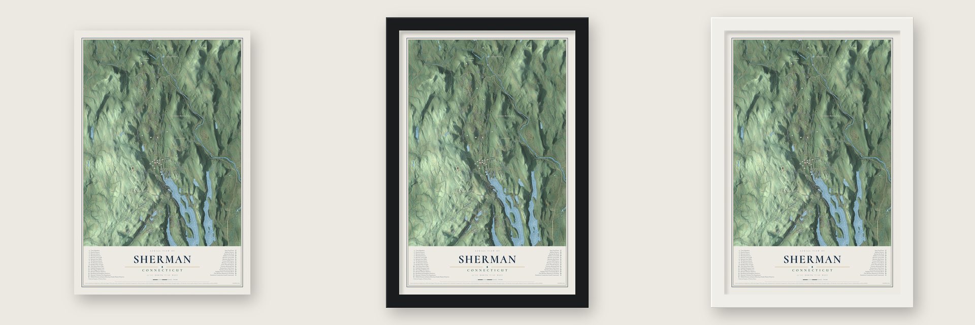 Sherman, Connecticut map unframed, in a black wood frame and in a white wood frame