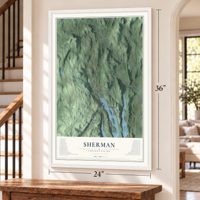 Sherman, Connecticut map, 24 x 36 inch print in a white frame by a staircase