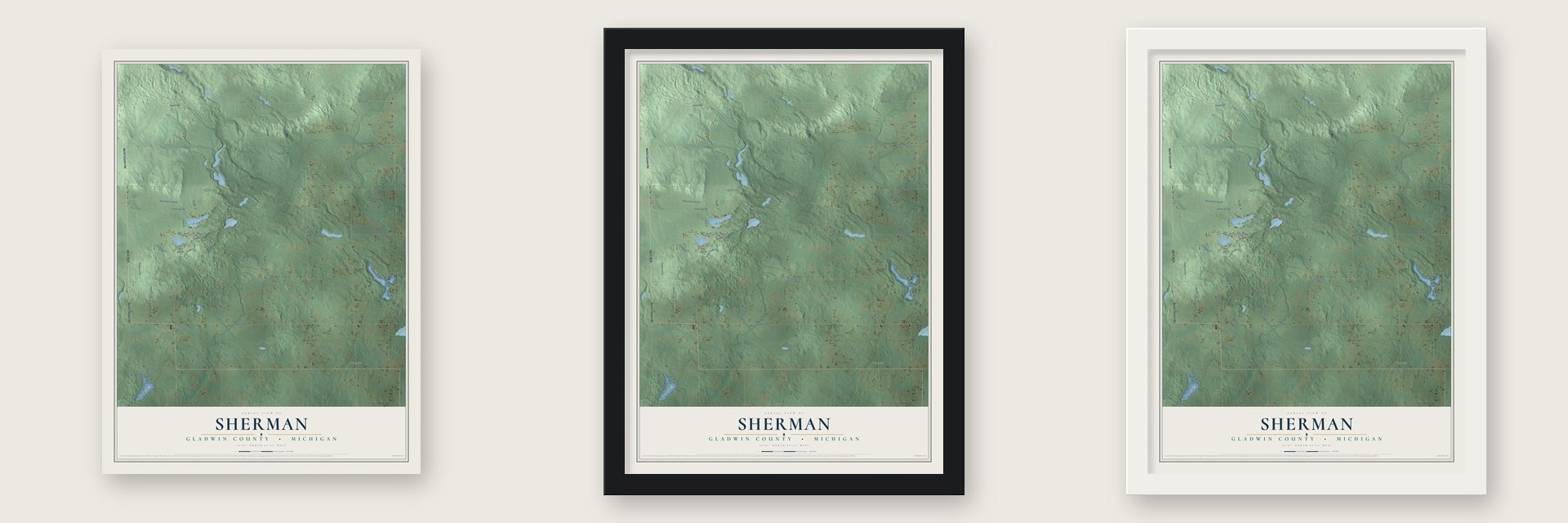Sherman, Gladwin County, Michigan map unframed, in a black wood frame and in a white wood frame