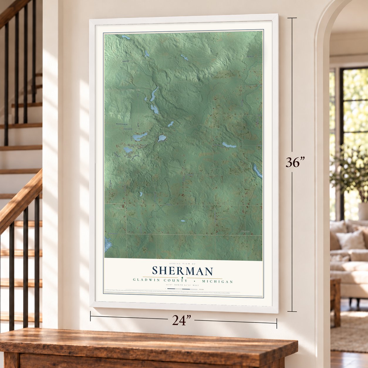 Sherman, Gladwin County, Michigan map, 24 x 36 inch print in a white frame by a staircase