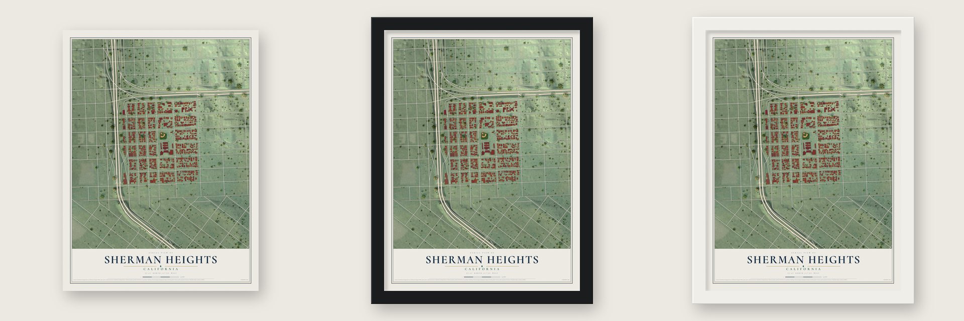 Sherman Heights, California map unframed, in a black wood frame and in a white wood frame