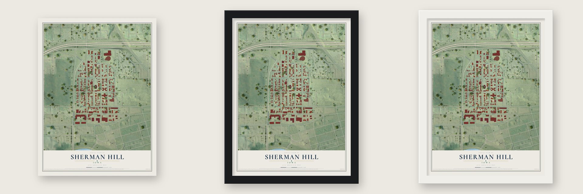 Sherman Hill, Iowa map unframed, in a black wood frame and in a white wood frame