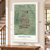 Sherman Hill, Iowa map, 24 x 36 inch print in a white frame by a staircase