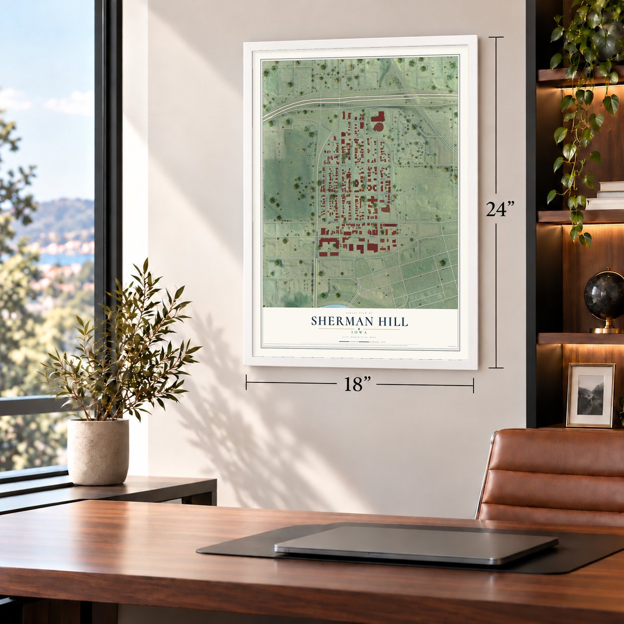 Sherman Hill, Iowa map, 18 x 24 inch print in a white frame in a home office