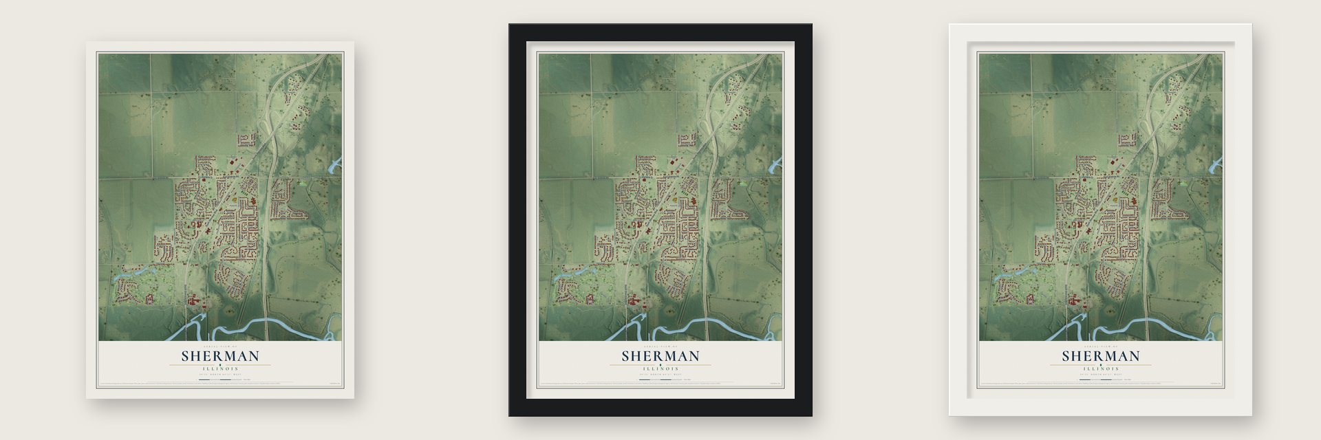 Sherman, Illinois map unframed, in a black wood frame and in a white wood frame