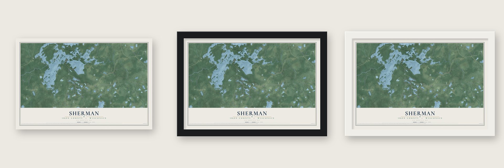 Sherman, Iron County, Wisconsin map unframed, in a black wood frame and in a white wood frame