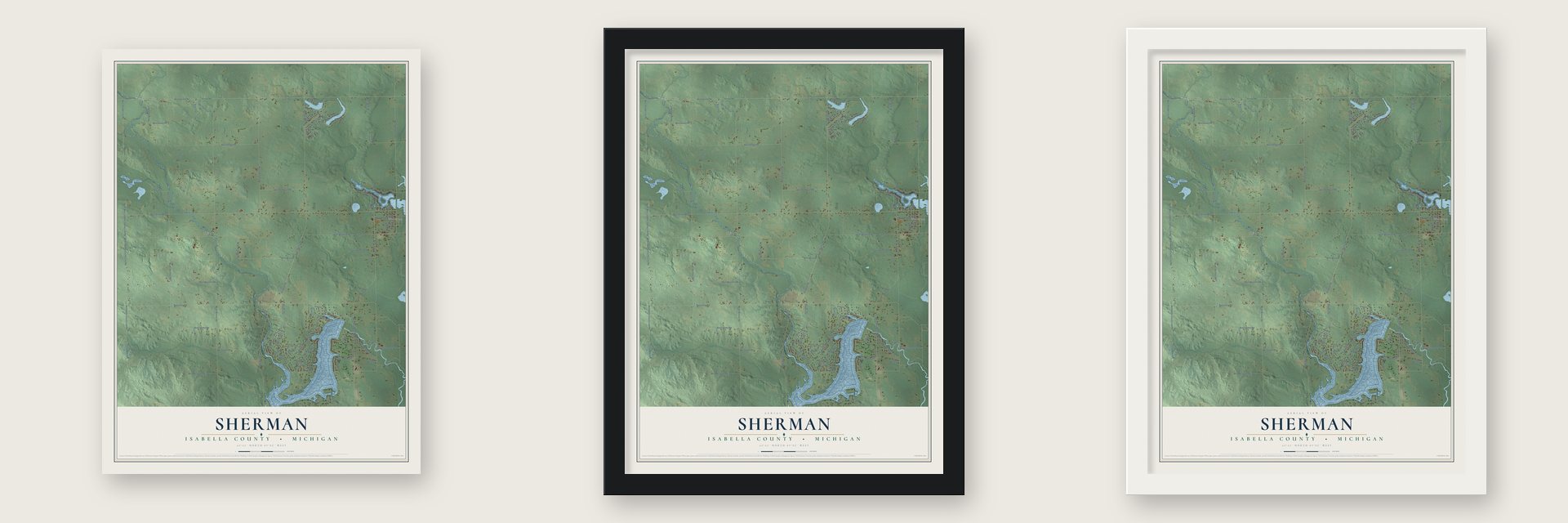Sherman, Isabella County, Michigan map unframed, in a black wood frame and in a white wood frame