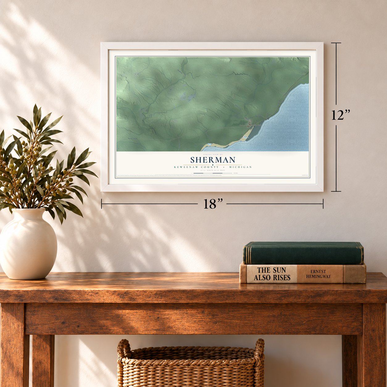 Sherman, Keweenaw County, Michigan map, 12 x 18 inch print in a white frame in an entryway