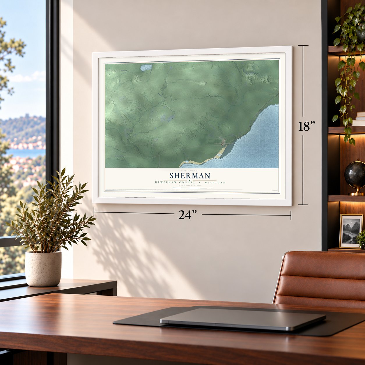 Sherman, Keweenaw County, Michigan map, 18 x 24 inch print in a white frame in a home office