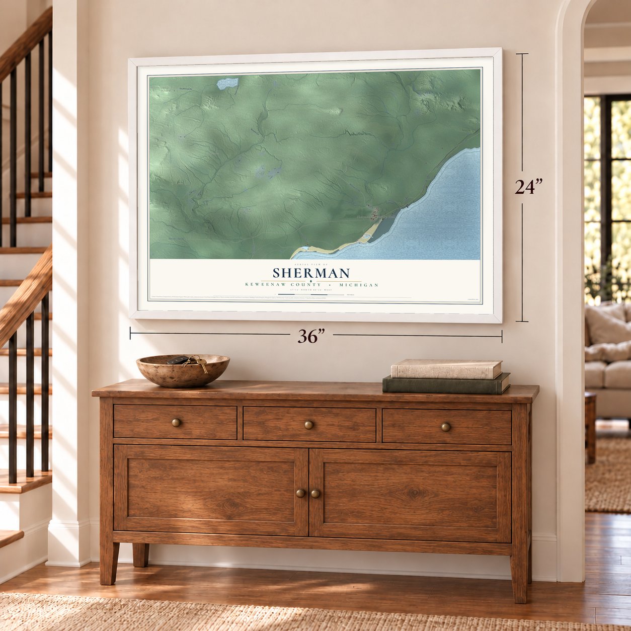 Sherman, Keweenaw County, Michigan map, 24 x 36 inch print in a white frame above a dresser by a staircase