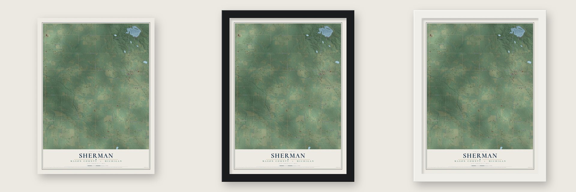 Sherman, Mason County, Michigan map unframed, in a black wood frame and in a white wood frame