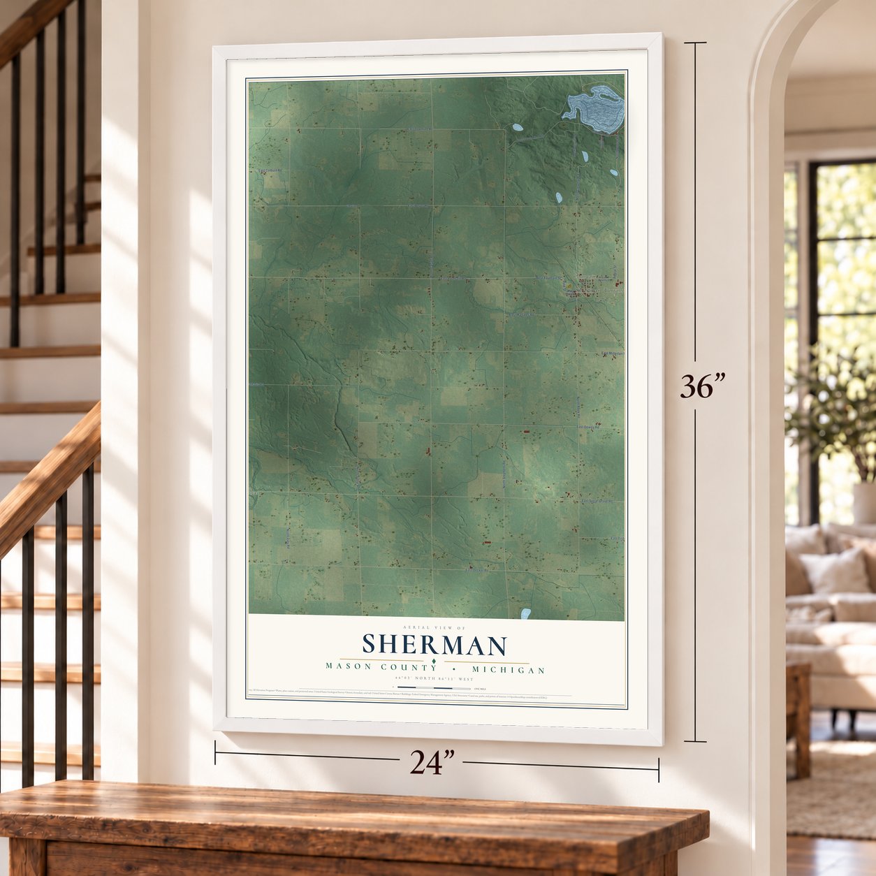 Sherman, Mason County, Michigan map, 24 x 36 inch print in a white frame by a staircase