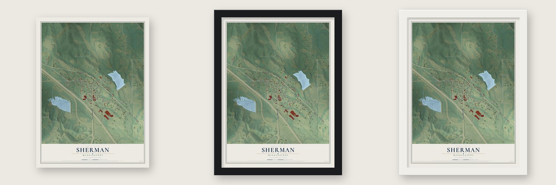 Sherman, Mississippi map unframed, in a black wood frame and in a white wood frame