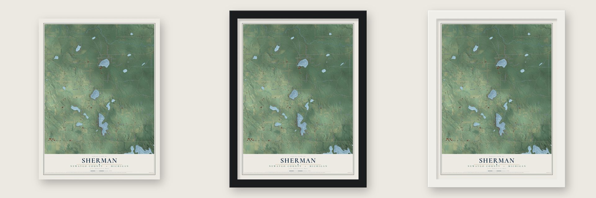 Sherman, Newaygo County, Michigan map unframed, in a black wood frame and in a white wood frame