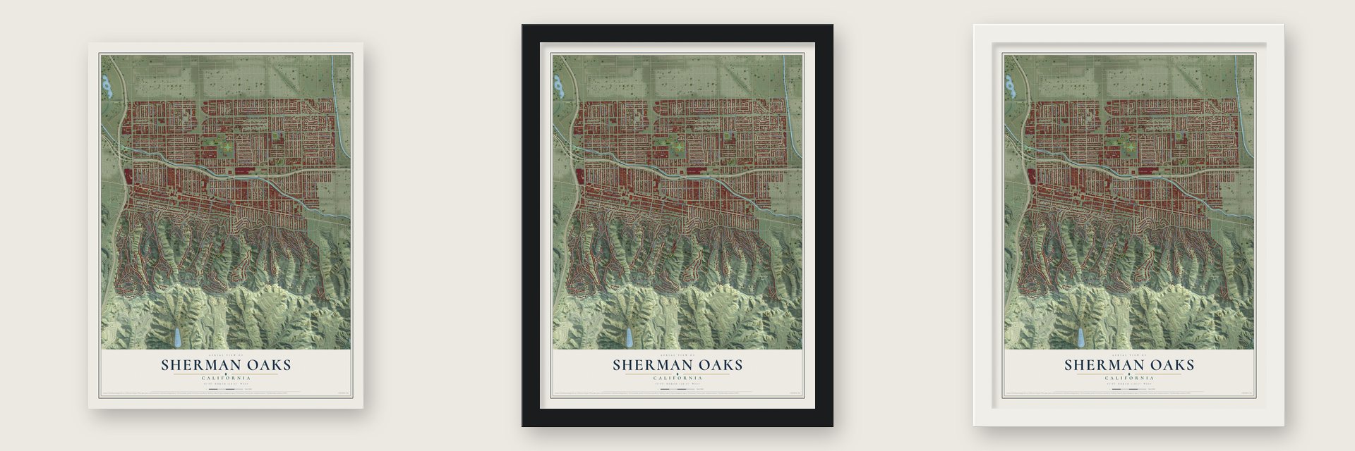 Sherman Oaks, California map unframed, in a black wood frame and in a white wood frame