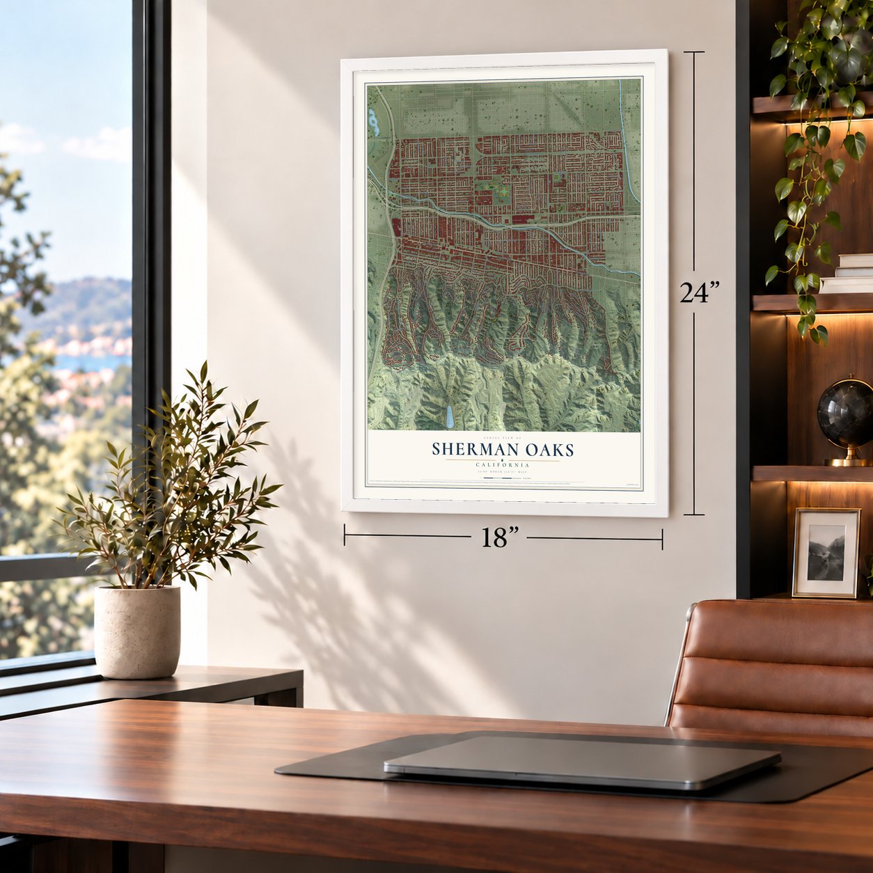 Sherman Oaks, California map, 18 x 24 inch print in a white frame in a home office