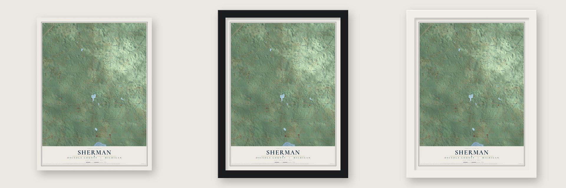 Sherman, Osceola County, Michigan map unframed, in a black wood frame and in a white wood frame
