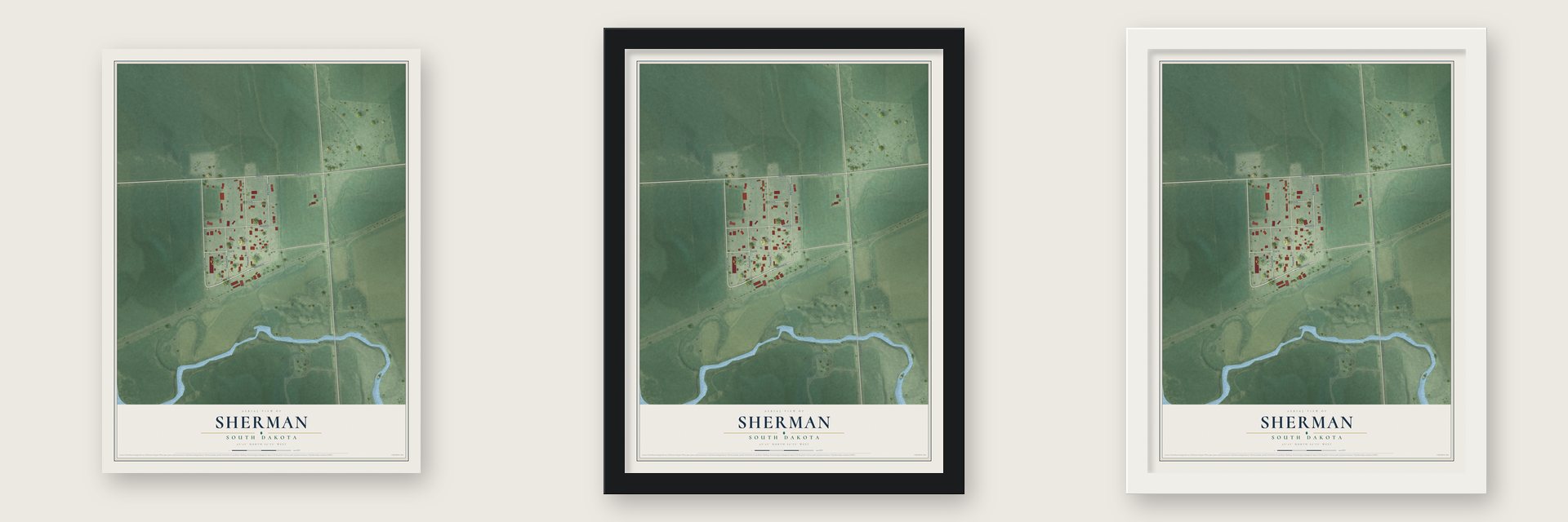 Sherman, South Dakota map unframed, in a black wood frame and in a white wood frame