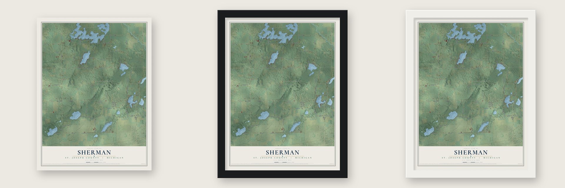 Sherman, St. Joseph County, Michigan map unframed, in a black wood frame and in a white wood frame
