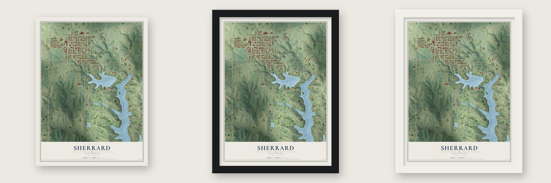 Sherrard, Illinois map unframed, in a black wood frame and in a white wood frame