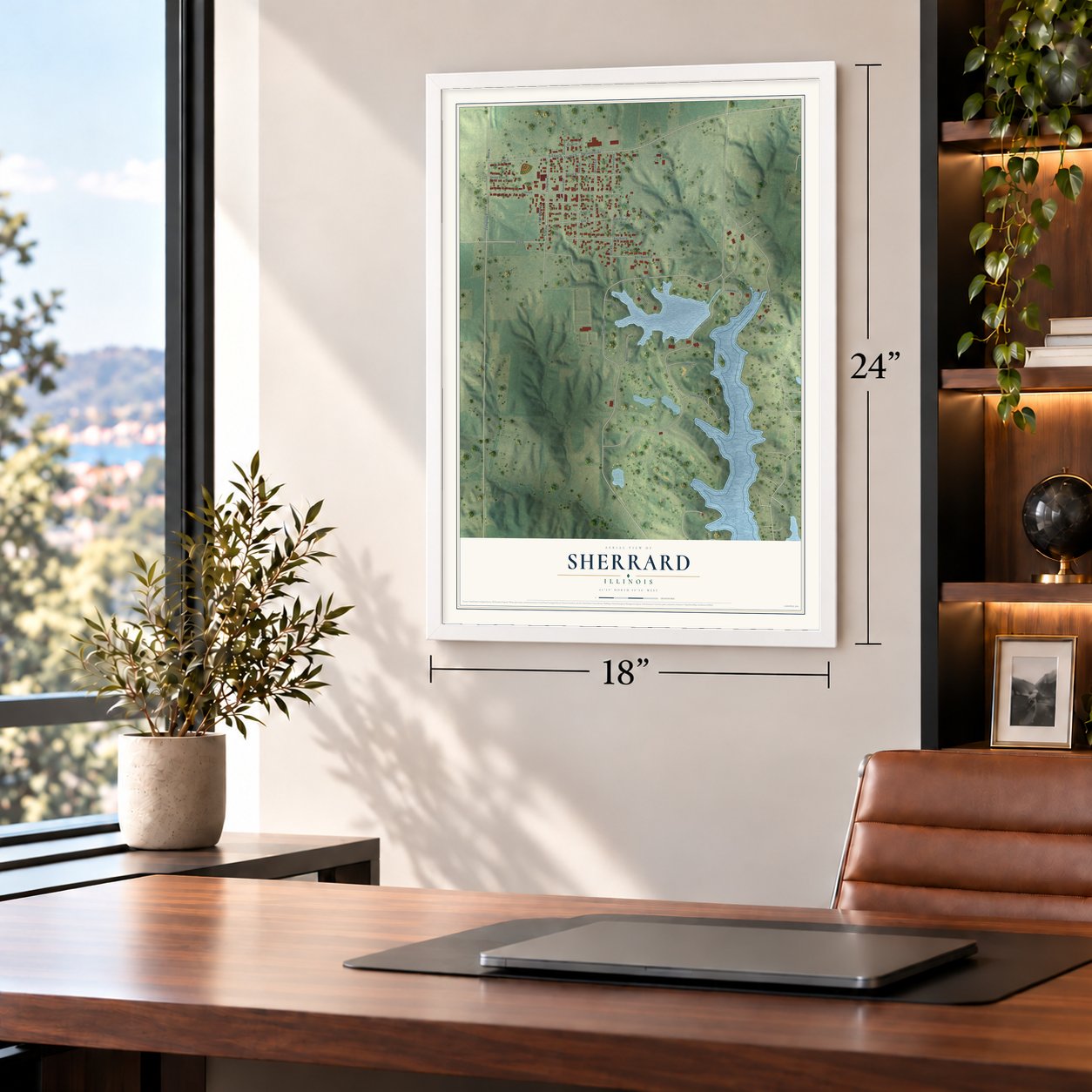 Sherrard, Illinois map, 18 x 24 inch print in a white frame in a home office