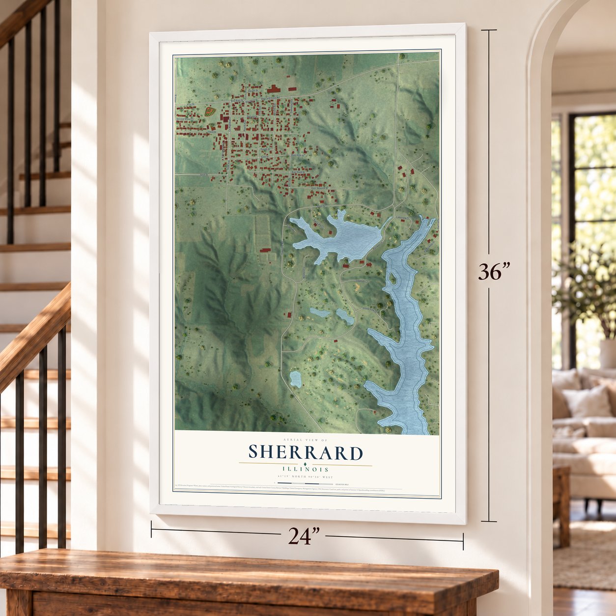 Sherrard, Illinois map, 24 x 36 inch print in a white frame by a staircase