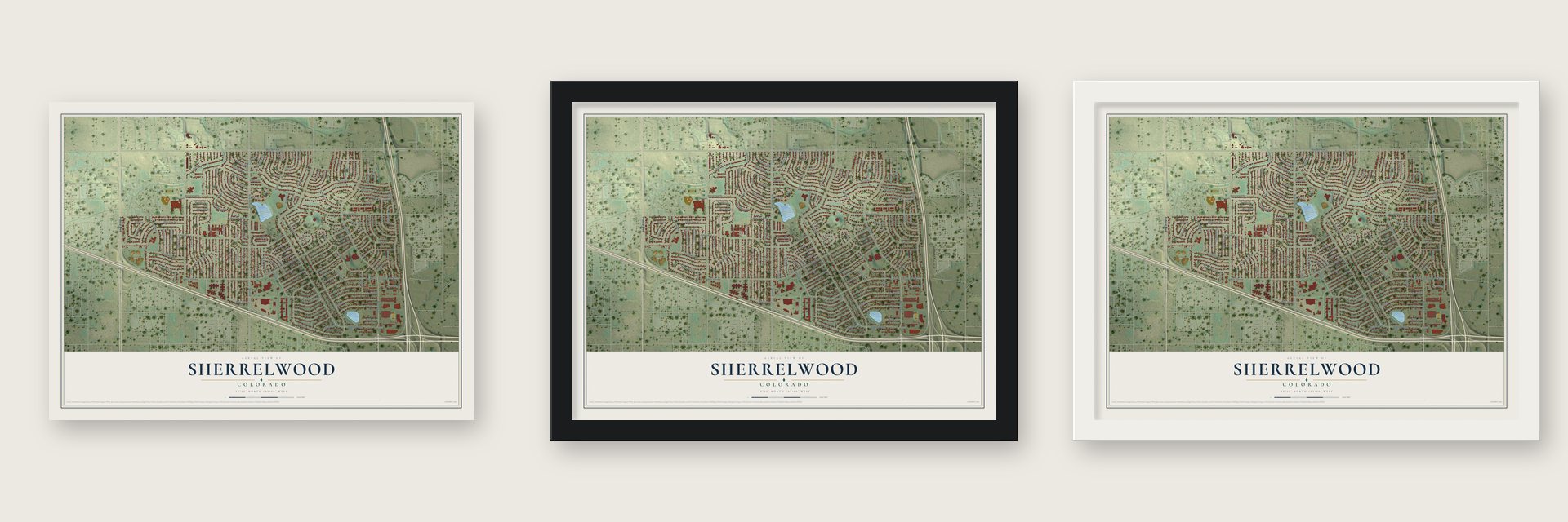 Sherrelwood, Colorado map unframed, in a black wood frame and in a white wood frame