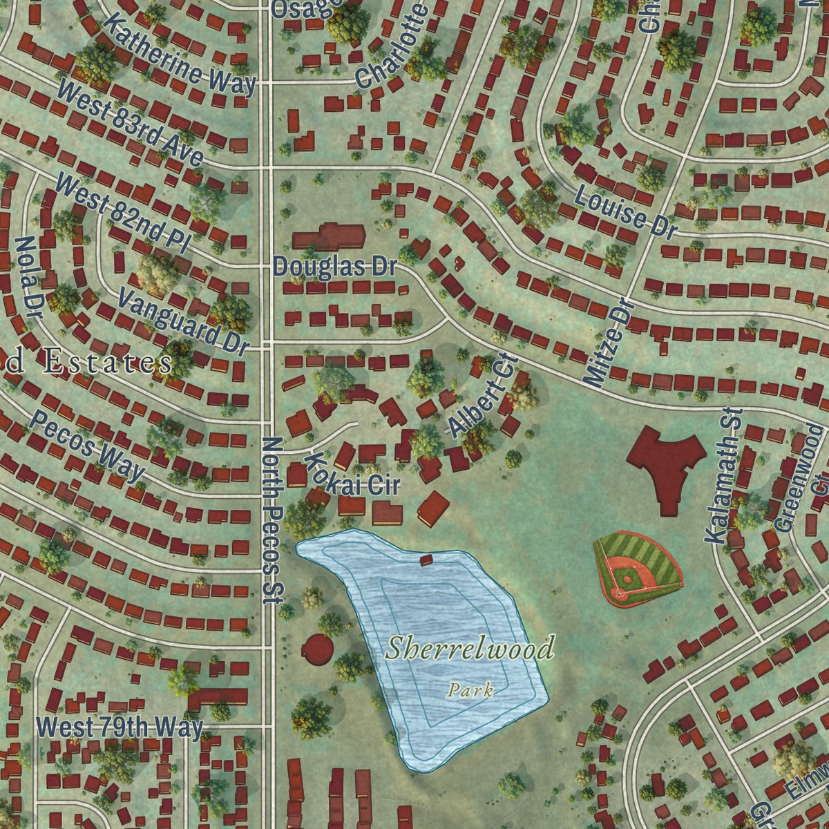 Second close-up of the map of Sherrelwood, Colorado print showing more streets and buildings