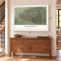 Sherrelwood, Colorado map, 24 x 36 inch print in a white frame above a dresser by a staircase
