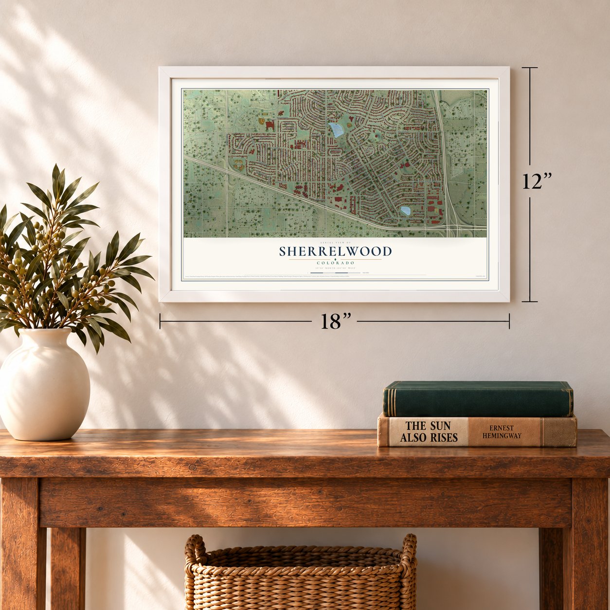 Sherrelwood, Colorado map, 12 x 18 inch print in a white frame in an entryway