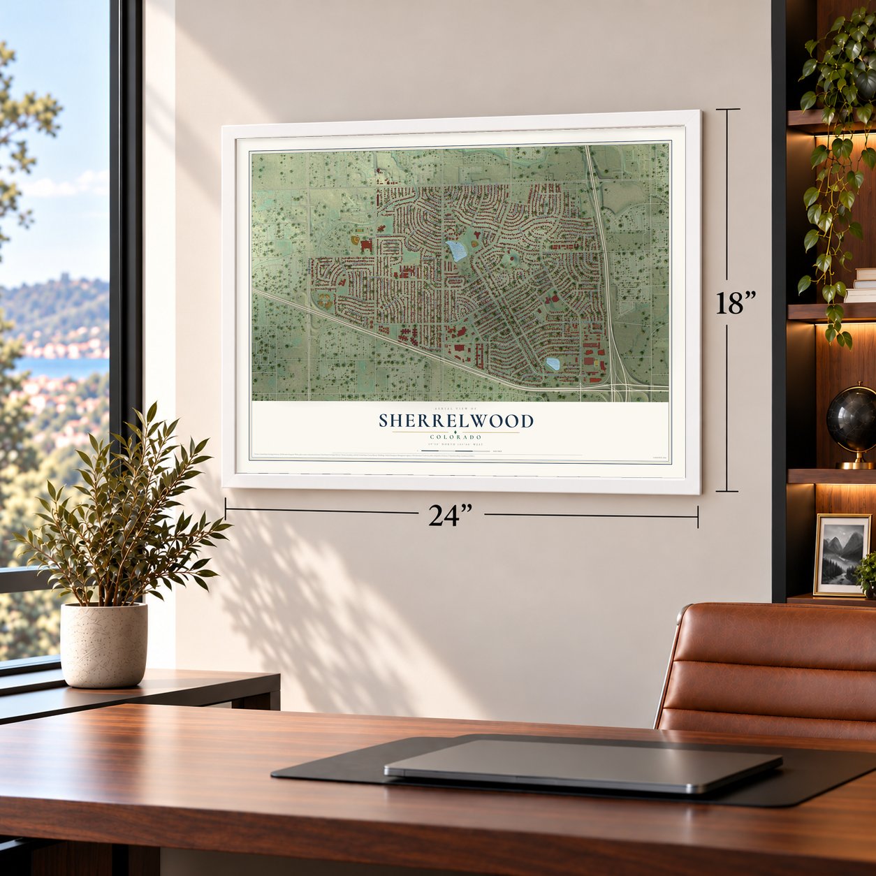 Sherrelwood, Colorado map, 18 x 24 inch print in a white frame in a home office