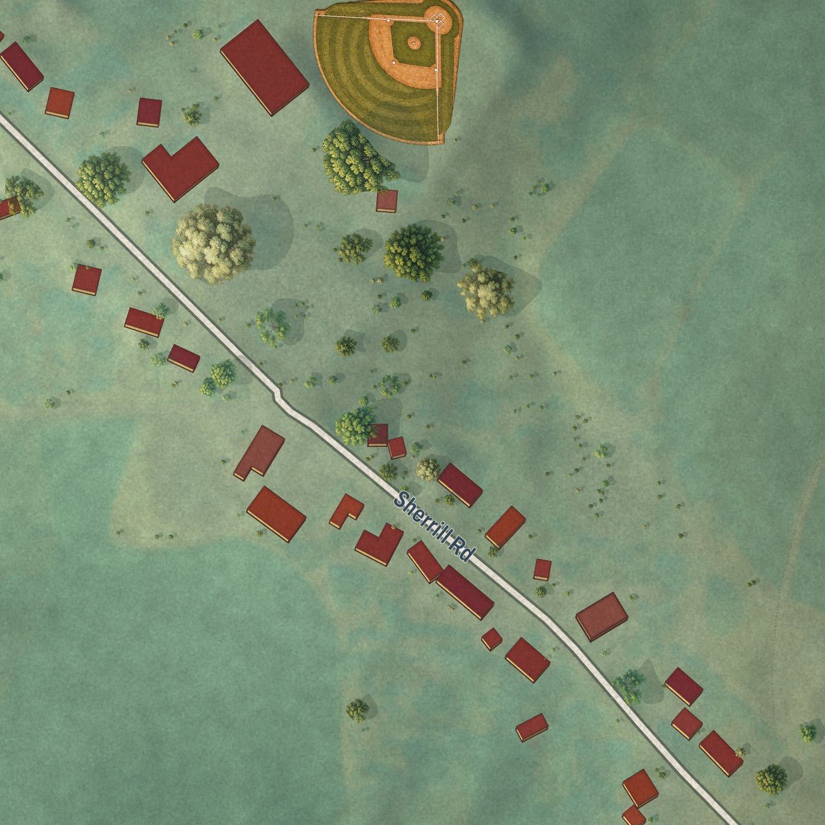 Second close-up of the map of Sherrill, Iowa print showing more streets and buildings