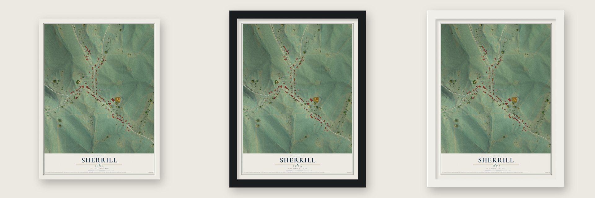 Sherrill, Iowa map unframed, in a black wood frame and in a white wood frame