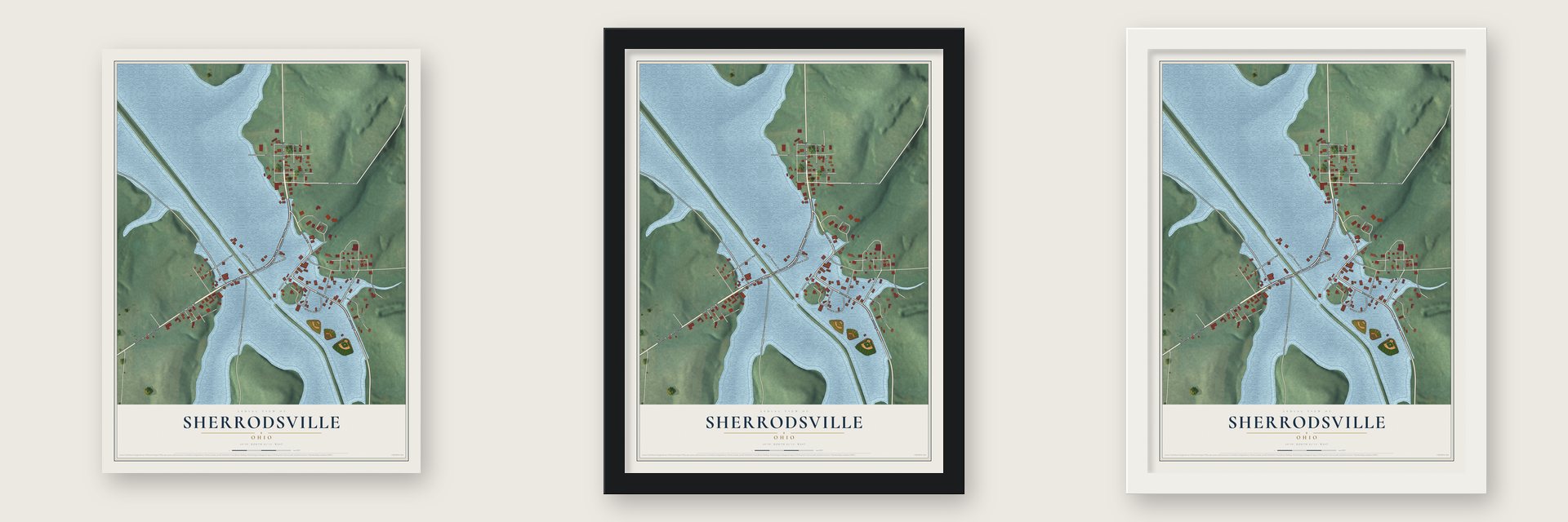Sherrodsville, Ohio map unframed, in a black wood frame and in a white wood frame
