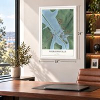 Sherrodsville, Ohio map, 18 x 24 inch print in a white frame in a home office