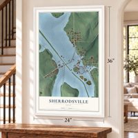Sherrodsville, Ohio map, 24 x 36 inch print in a white frame by a staircase