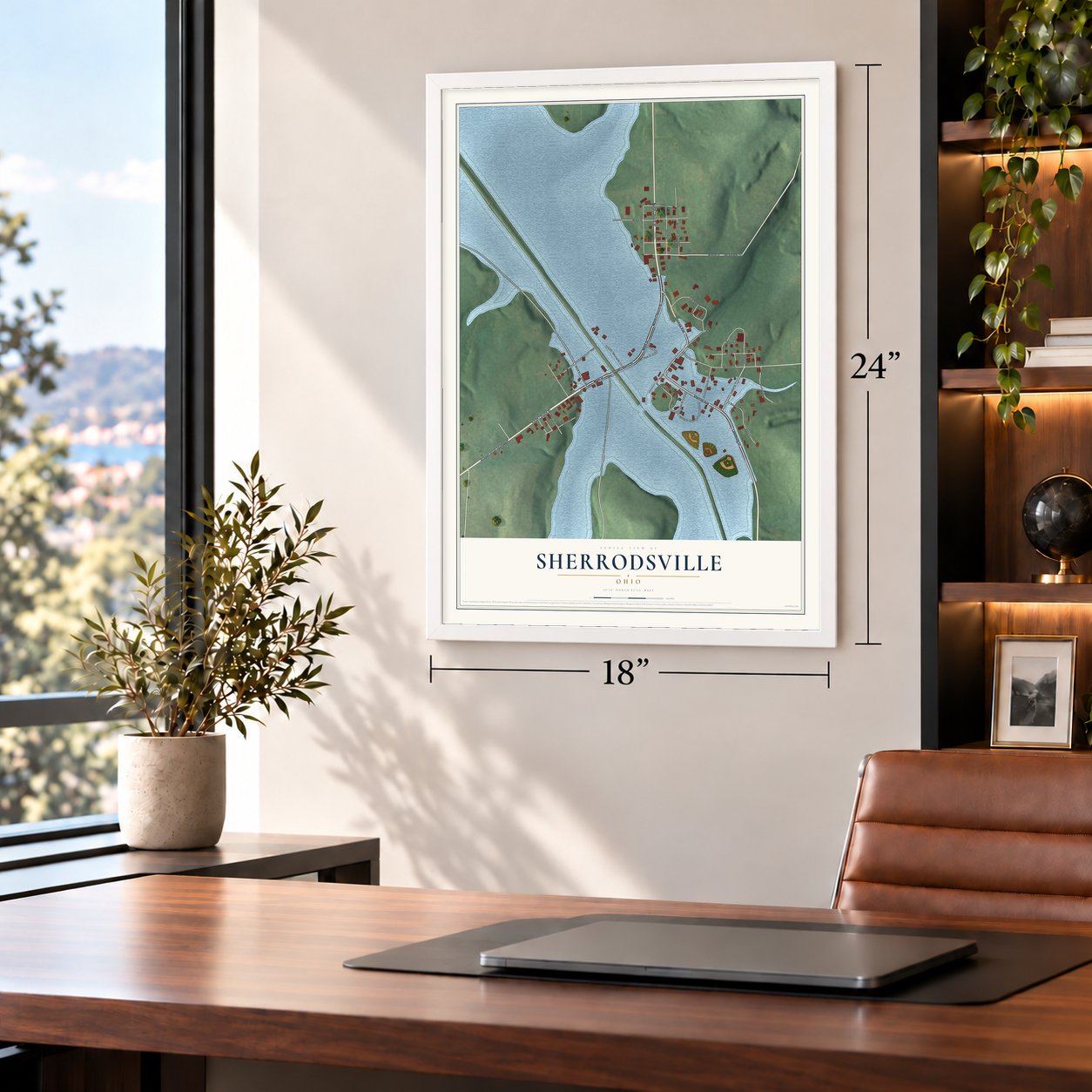 Sherrodsville, Ohio map, 18 x 24 inch print in a white frame in a home office