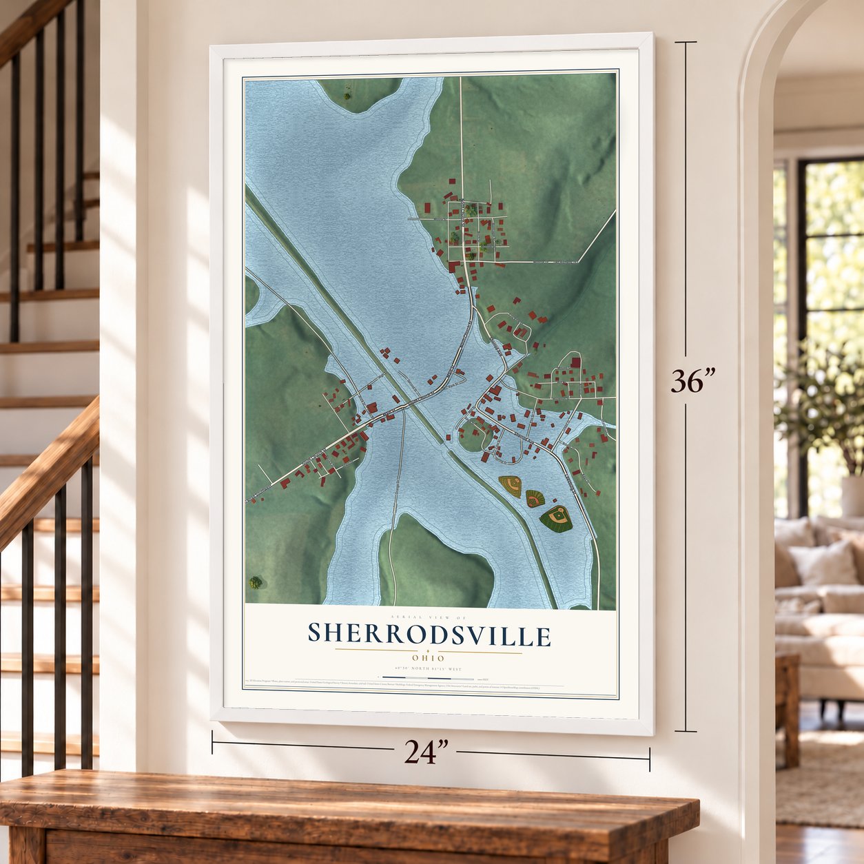 Sherrodsville, Ohio map, 24 x 36 inch print in a white frame by a staircase