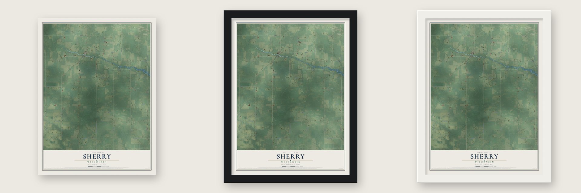 Sherry, Wisconsin map unframed, in a black wood frame and in a white wood frame