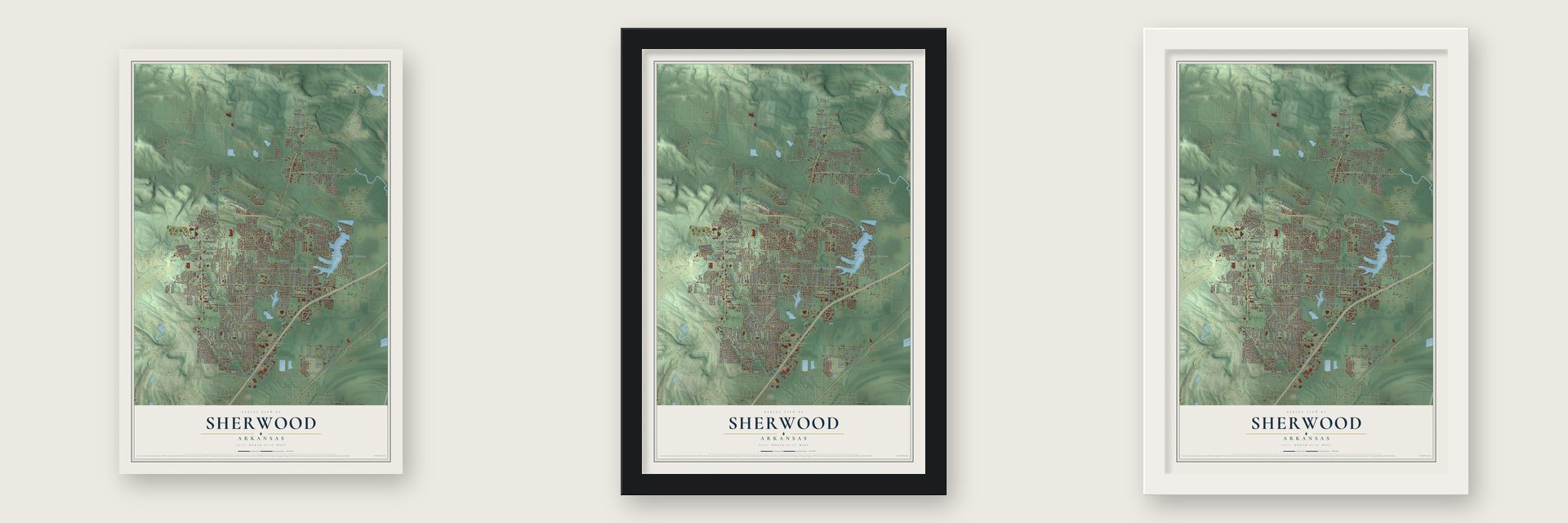 Sherwood, Arkansas map unframed, in a black wood frame and in a white wood frame